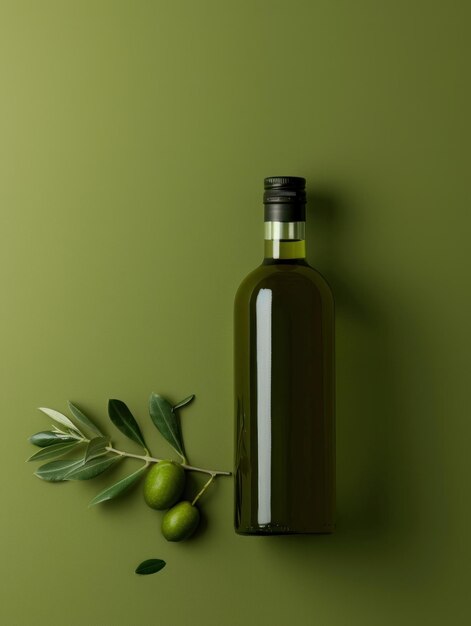 Photo premium olive oil bottle with fresh olives and leafy branch on green background