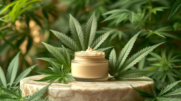 Premium organic cream container set against backdrop of fresh cannabis foliage on marble