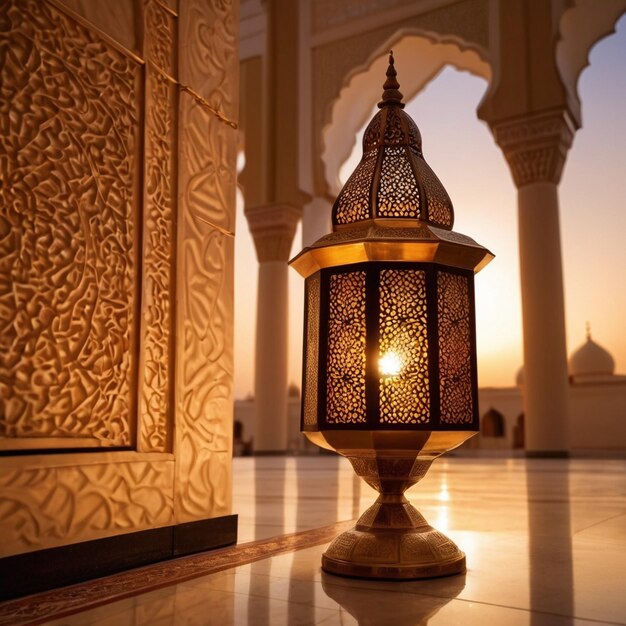 Premium photo ramadan kareem eid mubarak free photo mosque lamp in the evening AI generated