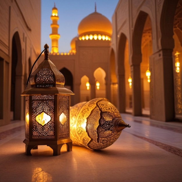 Premium photo ramadan kareem eid mubarak free photo mosque lamp in the evening AI generated