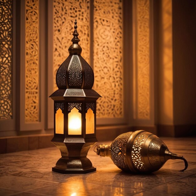 Premium photo ramadan kareem eid mubarak free photo mosque lamp in the evening AI generated