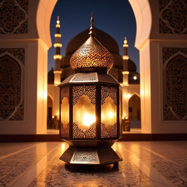 Premium photo ramadan kareem eid mubarak free photo mosque lamp in the evening AI generated