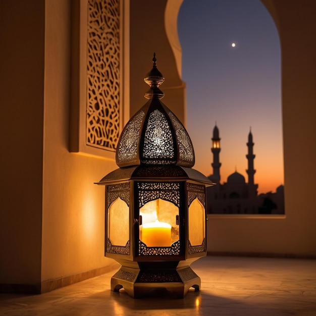 Premium photo ramadan kareem eid mubarak free photo mosque lamp in the evening AI generated