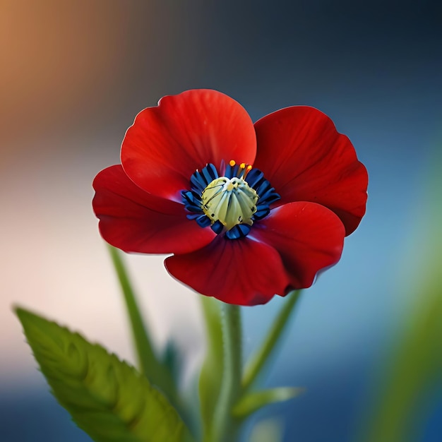 Premium Photo A red blossom with a blue place on the base