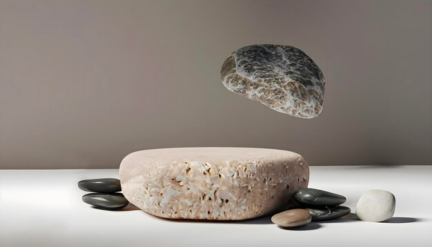 Photo premium podium with pebbles and natural stones mock up for product display