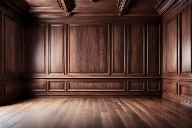 Photo premium style an empty room with wooden boiserie on the wall featuring walnut wood panels