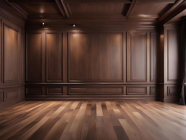 Photo premium style an empty room with wooden boiserie on the wall featuring walnut wood panels