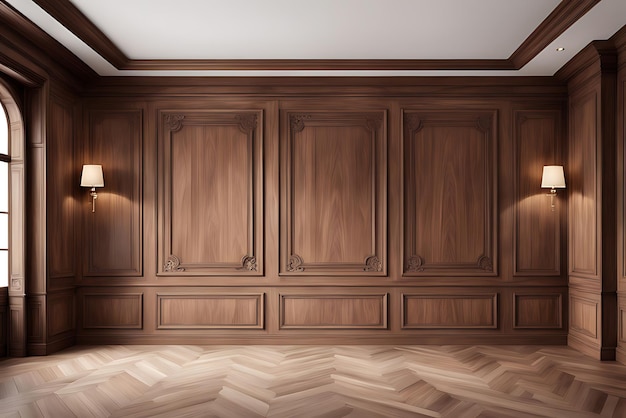 Photo premium style an empty room with wooden boiserie on the wall featuring walnut wood panels