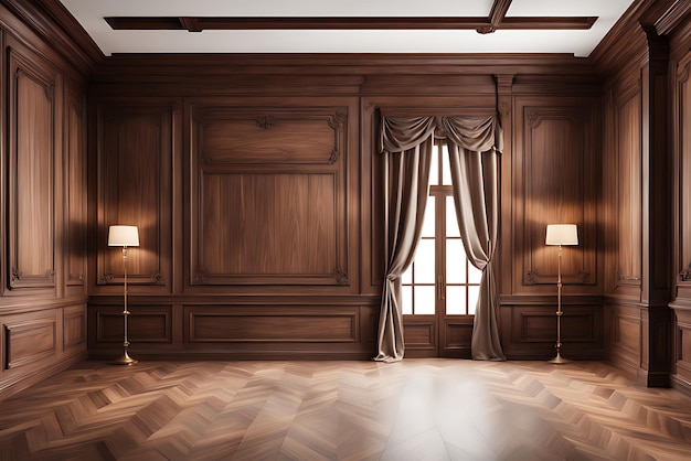 Photo premium style an empty room with wooden boiserie on the wall featuring walnut wood panels