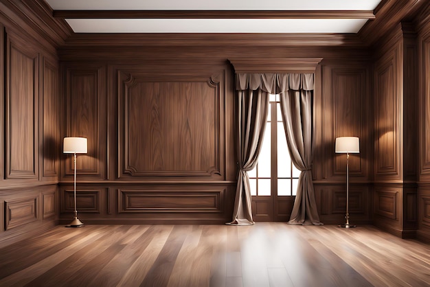 Photo premium style an empty room with wooden boiserie on the wall featuring walnut wood panels