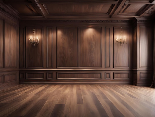 Photo premium style an empty room with wooden boiserie on the wall featuring walnut wood panels