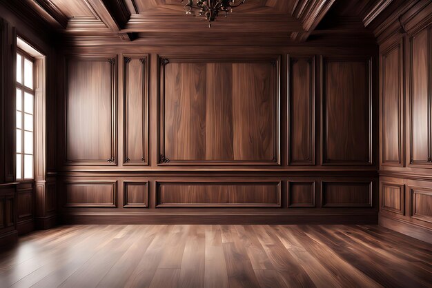 Photo premium style an empty room with wooden boiserie on the wall featuring walnut wood panels