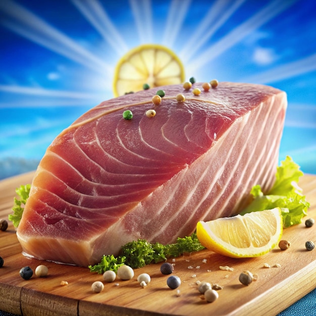 Premium Tuna Cuts and Fresh Seafood Display A Collection of Gourmet Tuna Steaks and Slices