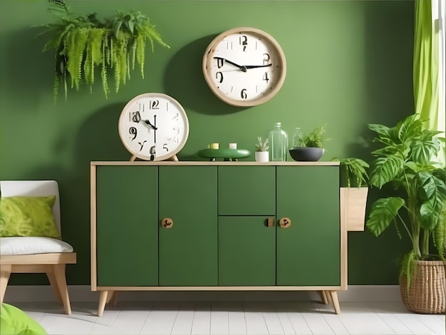 Premium Wood Sideboard and Radiant Portrait in a light green color