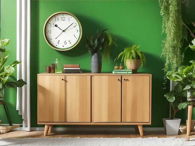 Premium Wood Sideboard and Radiant Portrait in a light green color