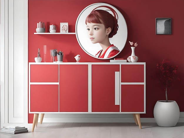 Premium Wood Sideboard and Radiant Portrait in a Light Red Color