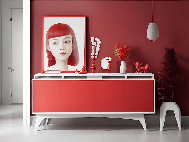 Premium Wood Sideboard and Radiant Portrait in a Light Red Color