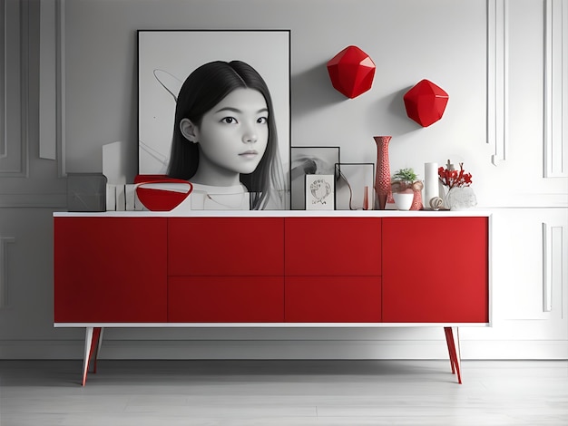 Premium Wood Sideboard and Radiant Portrait in a Light Red Color