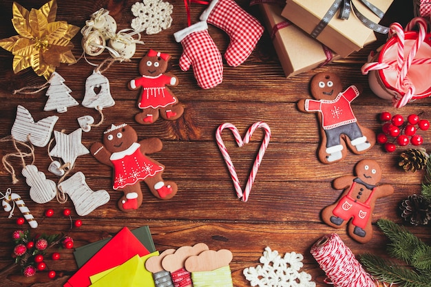 Preparation for Christmas on the wooden table, copy space