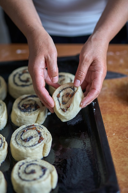 Preparation of cinnamon rolls. A woman puts buns of buns on a baking tray.