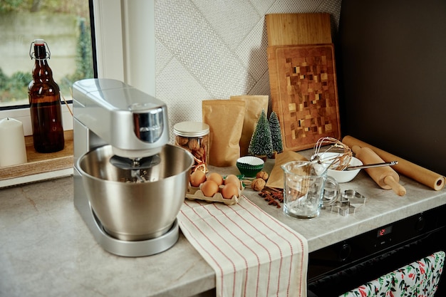 Preparation of dough in an electric mixer at home professional mixer for kneading dough and food ing