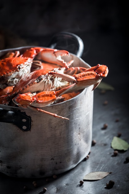 Preparation for tasty crab in a old metal pot