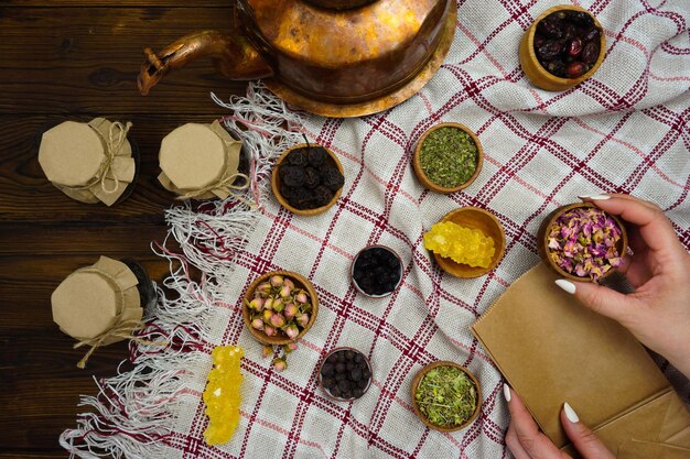 Preparation of various herbs berries for brewing tea