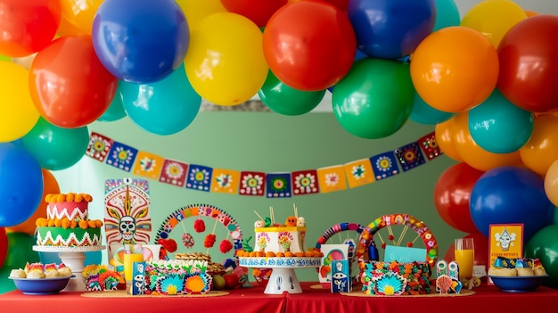 Prepared birthday table with sweets for children party