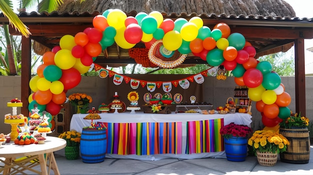 Prepared birthday table with sweets for children party