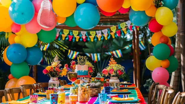 Prepared birthday table with sweets for children party