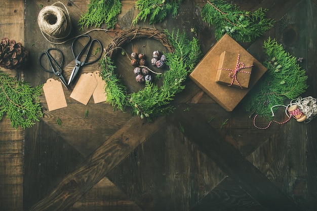 Preparing for Christmas or New Year Flatlay of holiday decorations