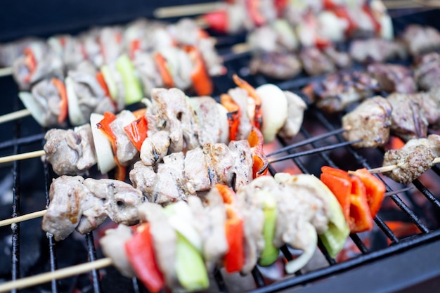 Preparing delicious barbecue with different meat and vegetables