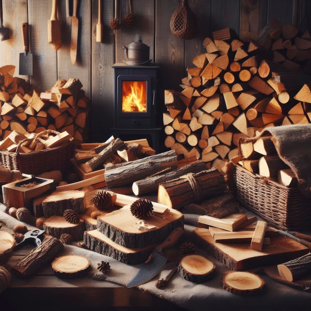 Preparing firewood for winter Cut stacked wood chips are ready for the fireplace ai generative