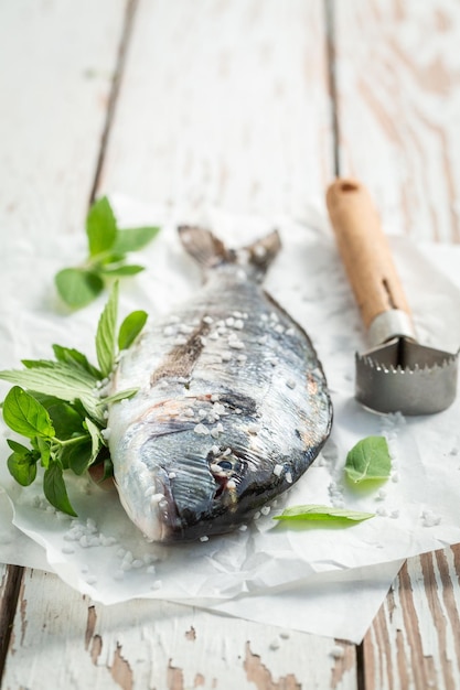 Preparing fresh fish with salt mint and lemon for grilling