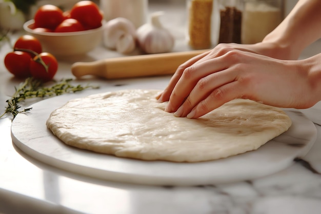 Photo preparing homemade pizza by adding cheese and flour dusting over freshly rolled dough in a rustic