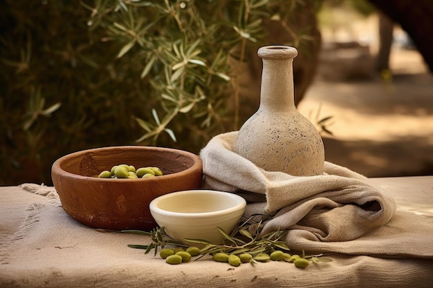 Preparing olive oil seed with mortar and sack of olives on table Front view