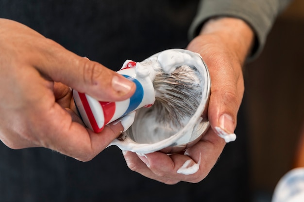 Preparing for shave in barbershop