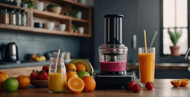 Photo preparing smoothies with fresh fruits in the kitchen