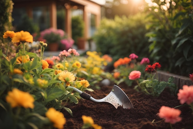 preparing soil for planting garden plants closeup of spade in flower bed on sunny summer evening