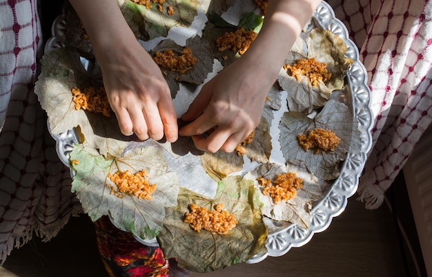 Preparing stuffed vine leaves with rice and meat or traditional Sarma