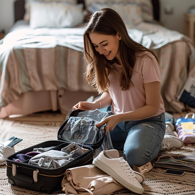 Photo preparing for a trip a woman packing her suitcase with personal items