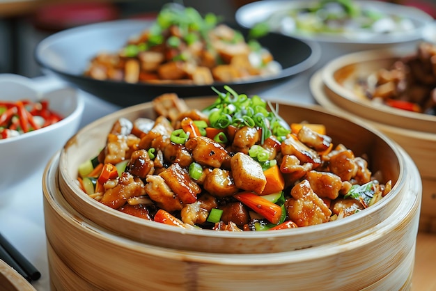 Photo preprepared chinese food displayed in a wooden bowl