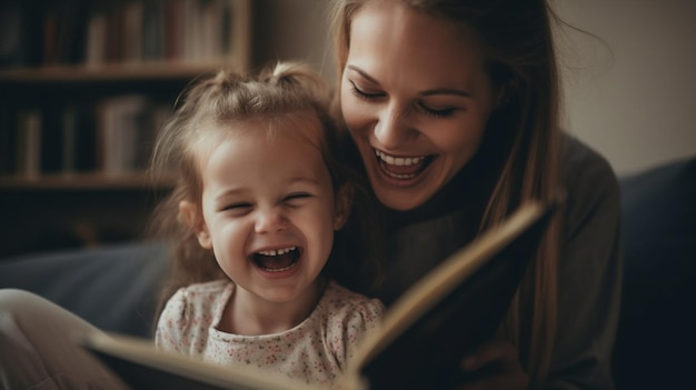 Preschool age girl laughs happily while sitting with her mom reading a story book