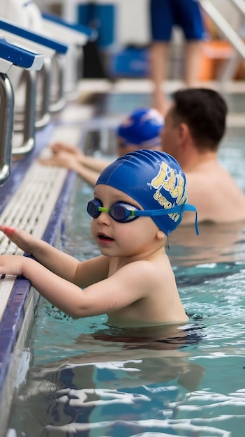 Photo preschool boy learning how to swim in a pool wearing swimming cap and goggles