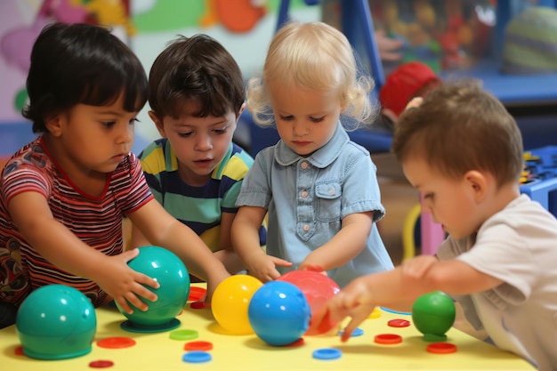 Preschool children playing with cubes Generative AI illustration