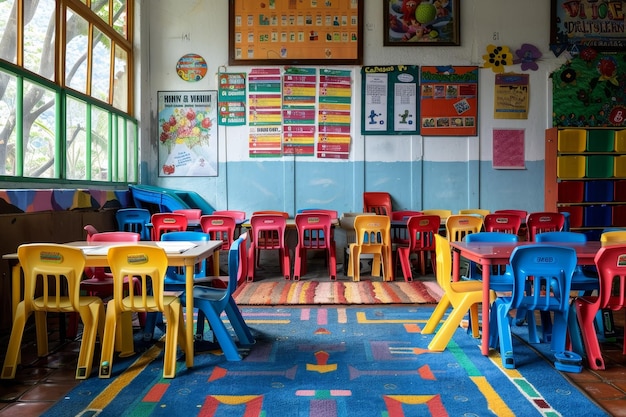 Photo a preschool classroom with colorful posters and small tables and chairs a classroom with colorful posters promoting reading and literacy