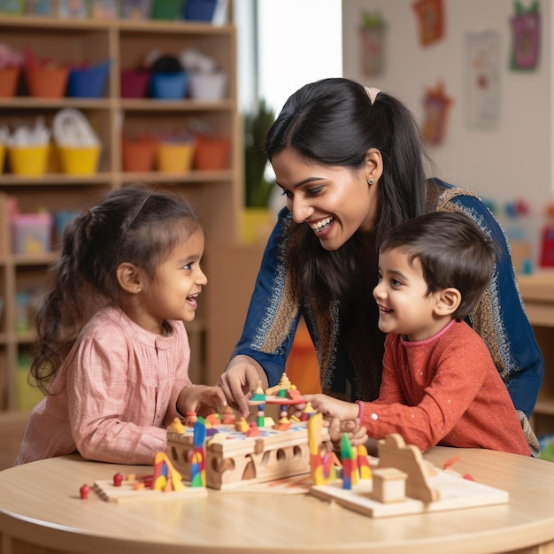 Preschool indian teacher with children playing