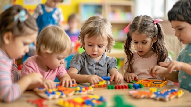 Photo preschool kids during playtime with educational toys and puzzles