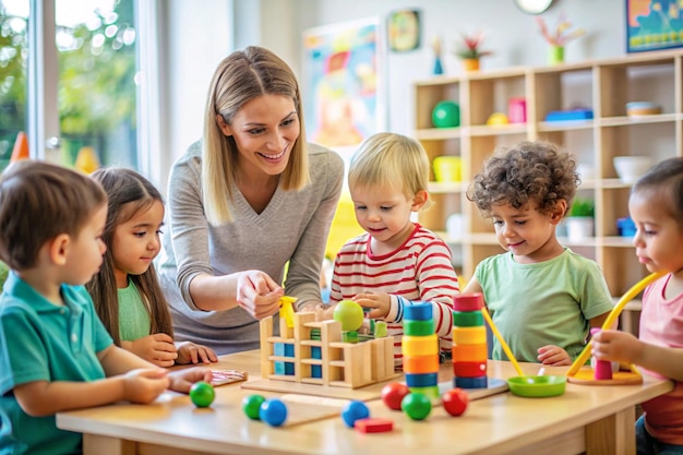 Preschool teacher with children playing with colorful wooden didactic toys at kindergarten