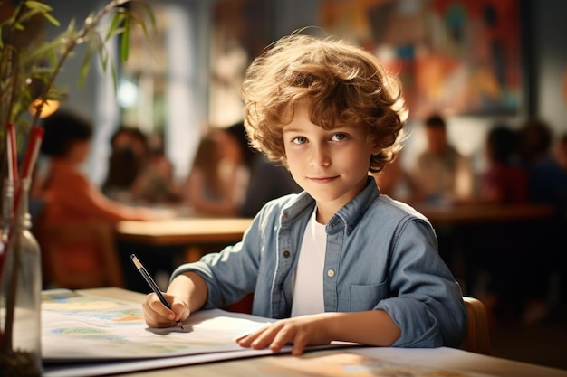 Preschooler boy drawing in notebook at table in middle class school education